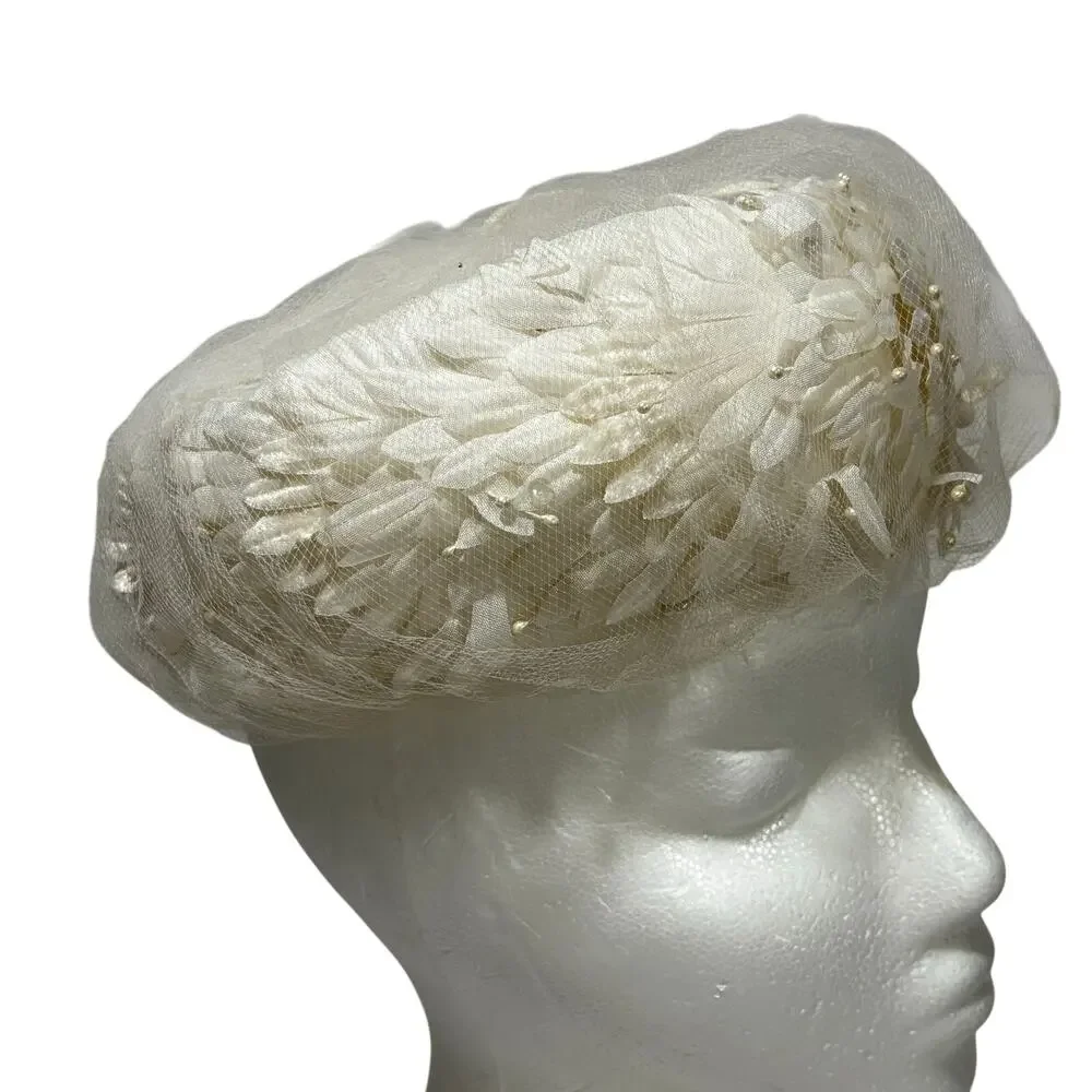 Vintage Mid Century White pillbox hat by Dana Marte bridal silk floral & beads